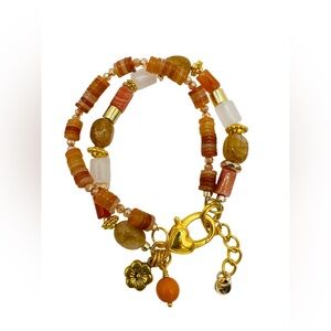 Two-Strand Natural Stones Bracelet with Antique Gold Flower Charm